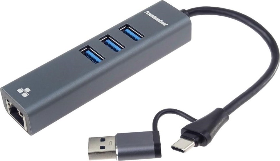 PremiumCord Adaptér USB-C a USB-A na Gigabit 10/100/1000Mbps + 3x USB 3.2 konektor