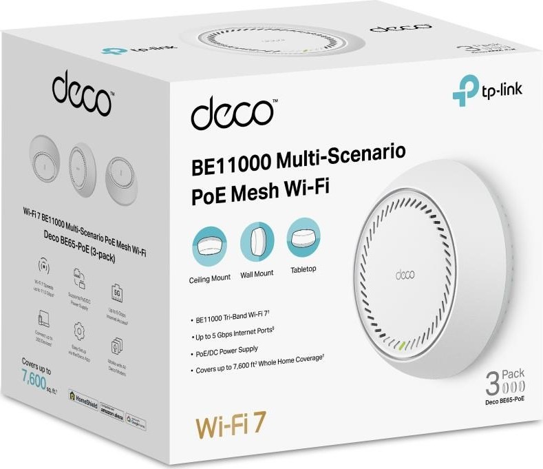 TP-Link Deco BE65-PoE(3-pack) WiFi7 Mesh (BE9300,2,4GHz/5GHz/6GHz,2x5GbELAN/WAN,1xPoE)