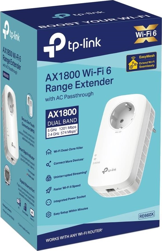 TP-Link RE660X EasyMesh/OneMesh WiFi6 Extender/Repeater (AX1800,2,4GHz/5GHz,1xGbELAN)