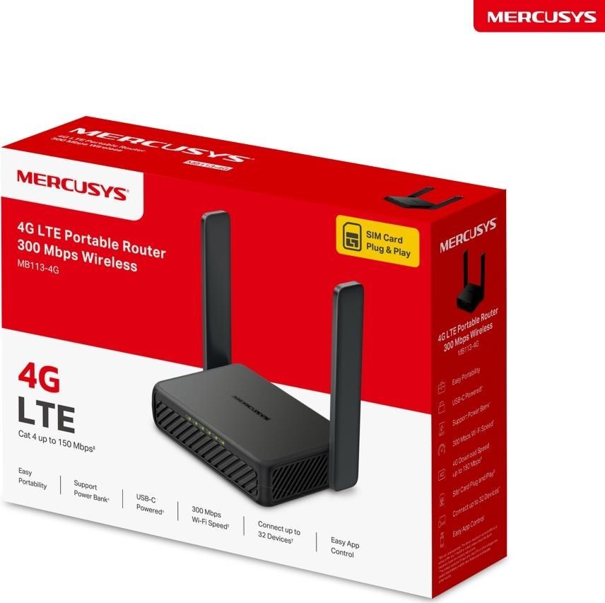 TP-LINK Mercusys MB113-4G WiFi4 router (N300, 4G LTE, 2,4GHz, 1x100Mb/s LAN/WAN,1x100Mb/s LAN,1xnanoSIM)