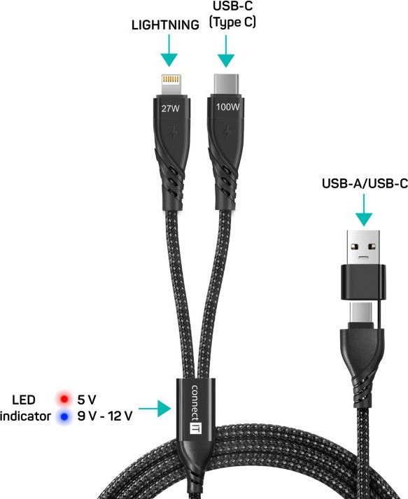 CONNECT IT Nabíjecí kabel Wirez 4v1, USB-C/USB, Lightning/USB-C, 1.25m, černá