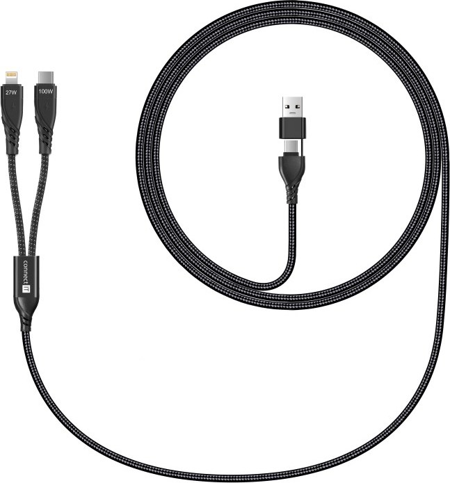 CONNECT IT Nabíjecí kabel Wirez 4v1, USB-C/USB, Lightning/USB-C, 1.25m, černá