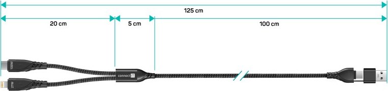 CONNECT IT Nabíjecí kabel Wirez 4v1, USB-C/USB, Lightning/USB-C, 1.25m, černá