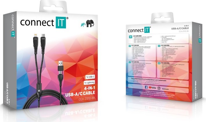 CONNECT IT Nabíjecí kabel Wirez 4v1, USB-C/USB, Lightning/USB-C, 1.25m, černá