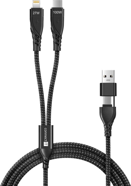 CONNECT IT Nabíjecí kabel Wirez 4v1, USB-C/USB, Lightning/USB-C, 1.25m, černá
