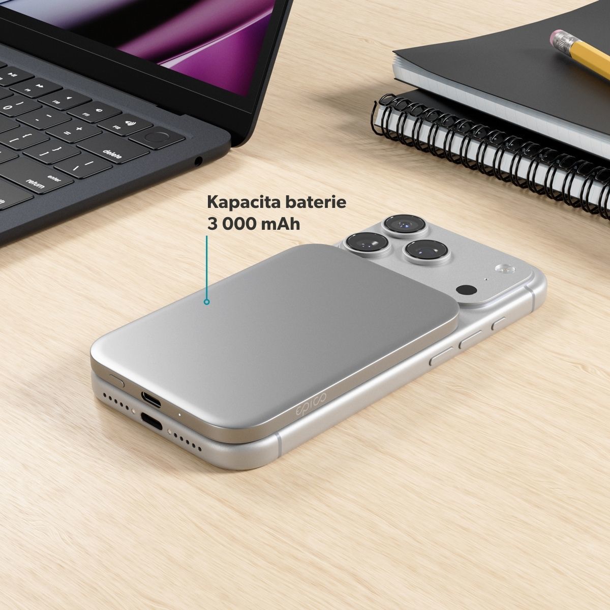 Epico Slim 3000mAh Mag+ powerbanka EM31b - stříbrná