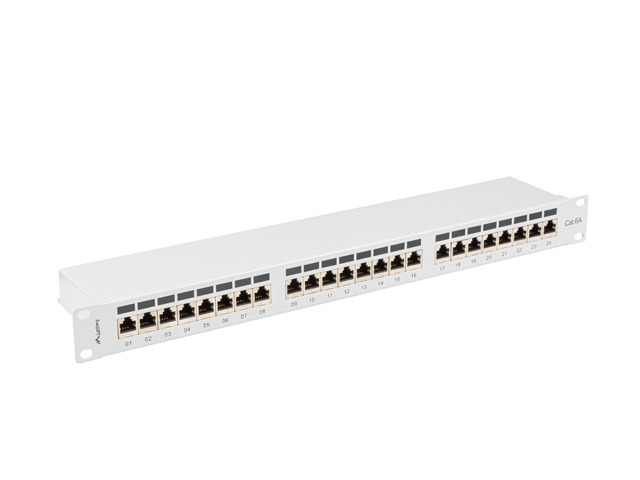 LANBERG PATCH PANEL 24 PORTŮ 1U 19" CAT.6A FTP STÍNĚNÝ ŠEDÝ