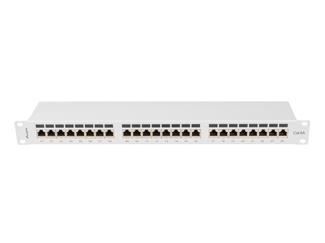 LANBERG PATCH PANEL 24 PORTŮ 1U 19" CAT.6A FTP STÍNĚNÝ ŠEDÝ