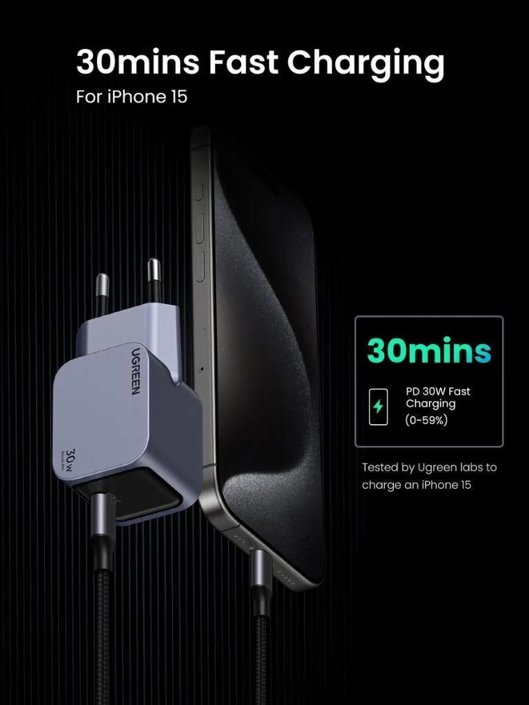 UGREEN síťová rychlonabíječka Nexode Pro 30W 1-Port USB-C, GaN, stříbrná