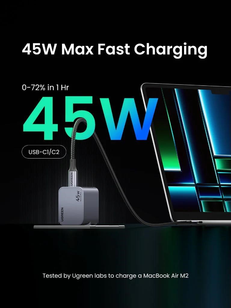UGREEN síťová rychlonabíječka Nexode Pro 45W 2-Port USB-C, GaN, stříbrná