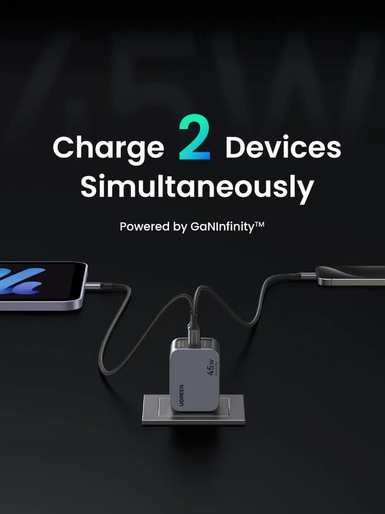 UGREEN síťová rychlonabíječka Nexode Pro 45W 2-Port USB-C, GaN, stříbrná