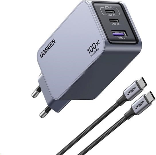 UGREEN síťová rychlonabíječka Nexode Pro 100W 3-Port, 2x USB-C, 1x USB-A, GaN, stříbrná