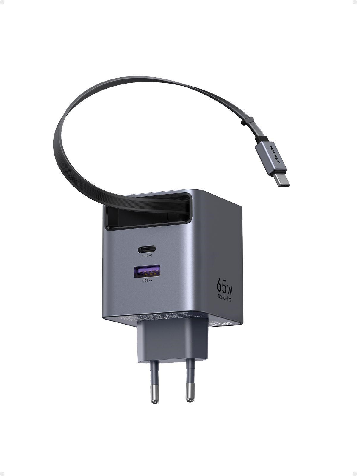 UGREEN síťová rychlonabíječka se zatahovacím kabelem 65W 3-Port, 2x USB-C, 1x USB-A, GaN, stříbrná
