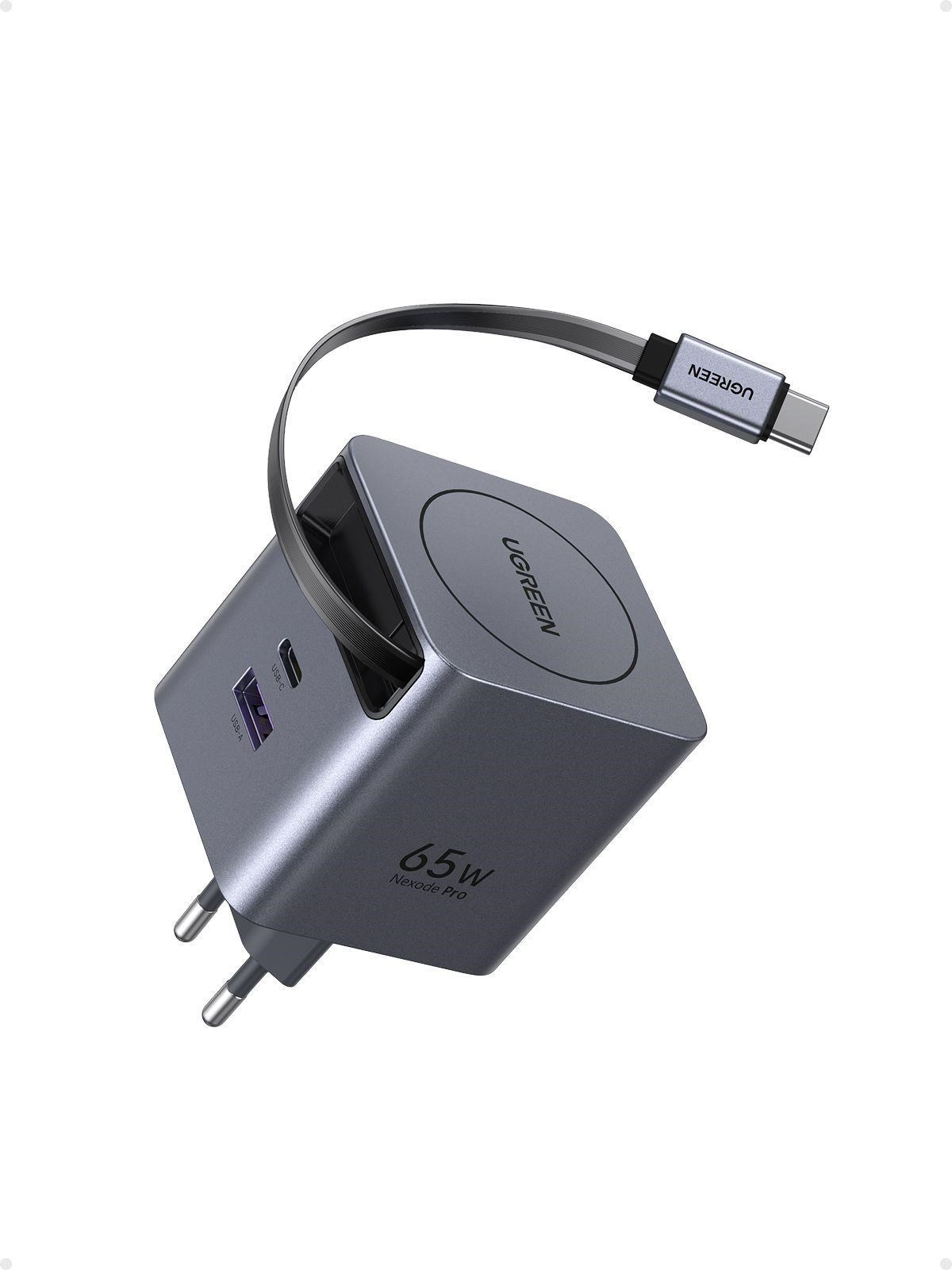 UGREEN síťová rychlonabíječka se zatahovacím kabelem 65W 3-Port, 2x USB-C, 1x USB-A, GaN, stříbrná