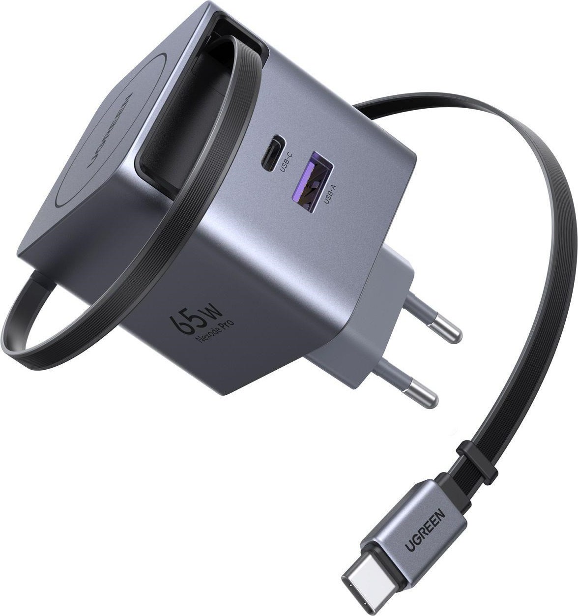 UGREEN síťová rychlonabíječka se zatahovacím kabelem 65W 3-Port, 2x USB-C, 1x USB-A, GaN, stříbrná