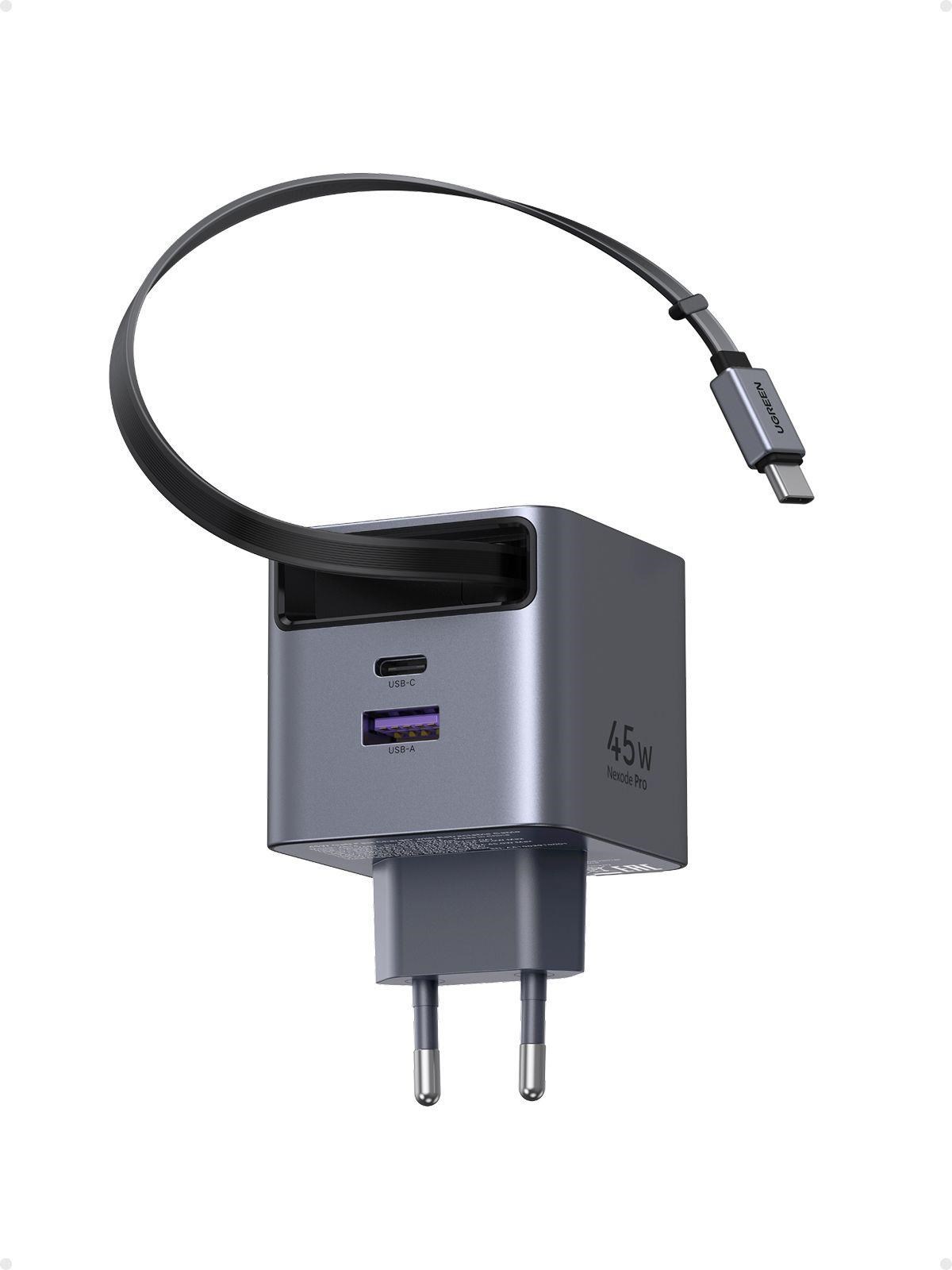 UGREEN síťová rychlonabíječka se zatahovacím kabelem 45W 3-Port, 2x USB-C, 1x USB-A, GaN, stříbrná