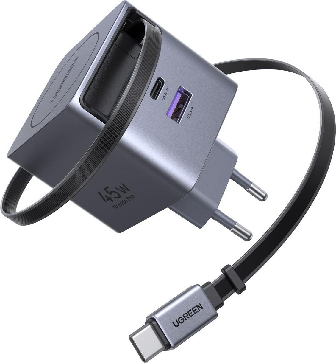 UGREEN síťová rychlonabíječka se zatahovacím kabelem 45W 3-Port, 2x USB-C, 1x USB-A, GaN, stříbrná
