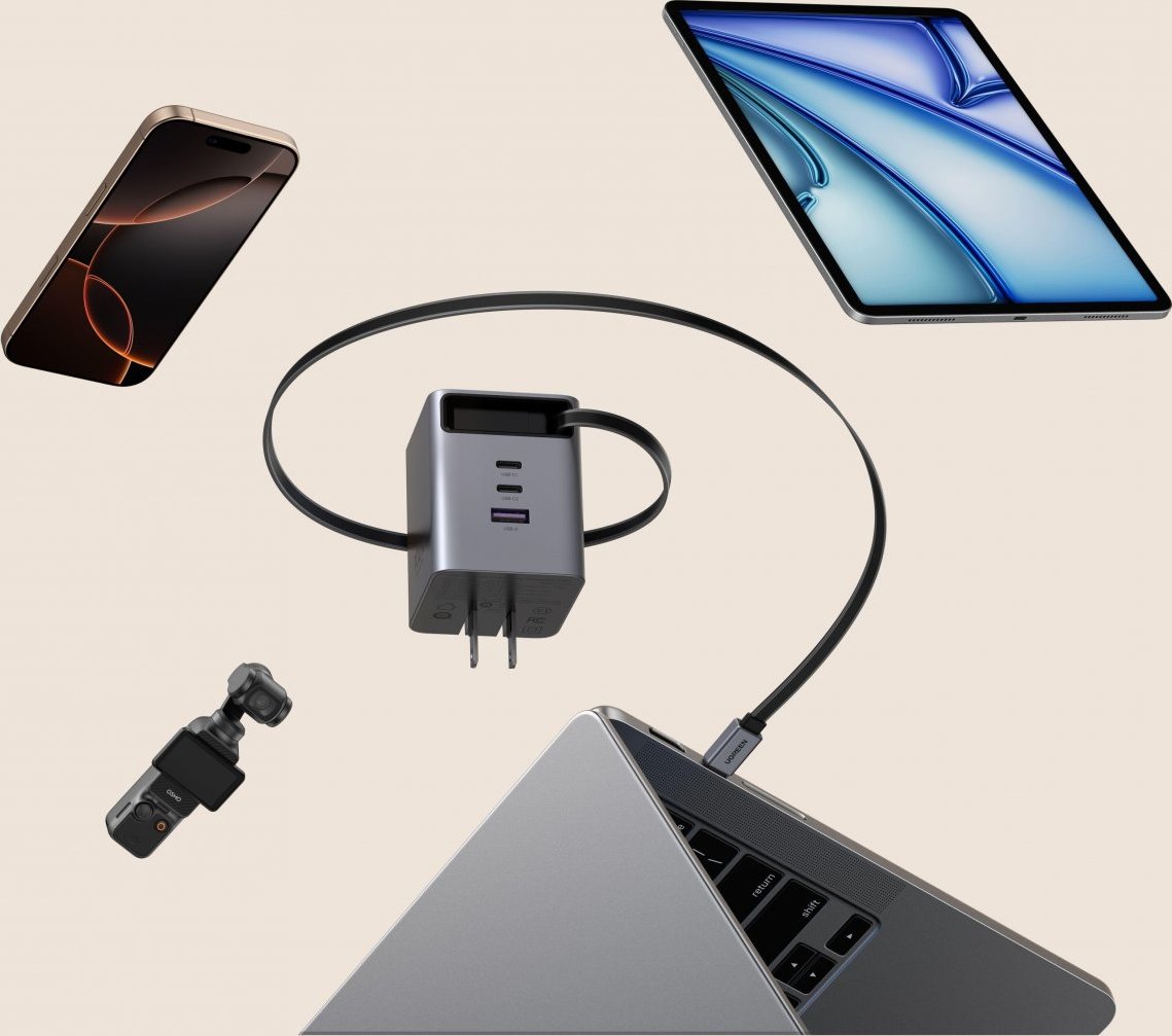 UGREEN síťová rychlonabíječka se zatahovacím kabelem 100W 3-Port, 2x USB-C, 1x USB-A, GaN, stříbrná