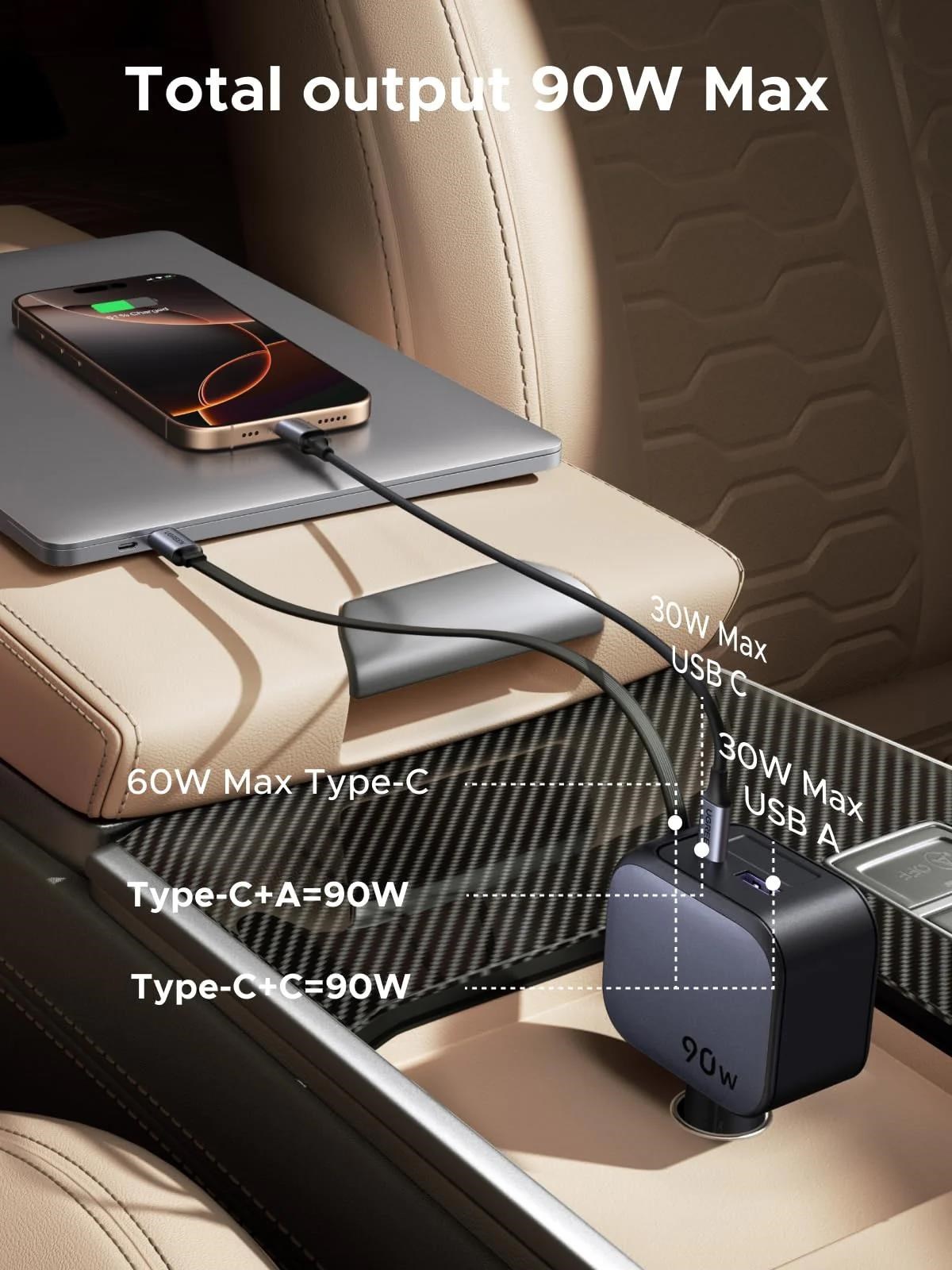 UGREEN rychlonabíječka do auta se zatahovacím kabelem 90W 3-Port, 2x USB-C,1x USB-A, GaN, stříbrná