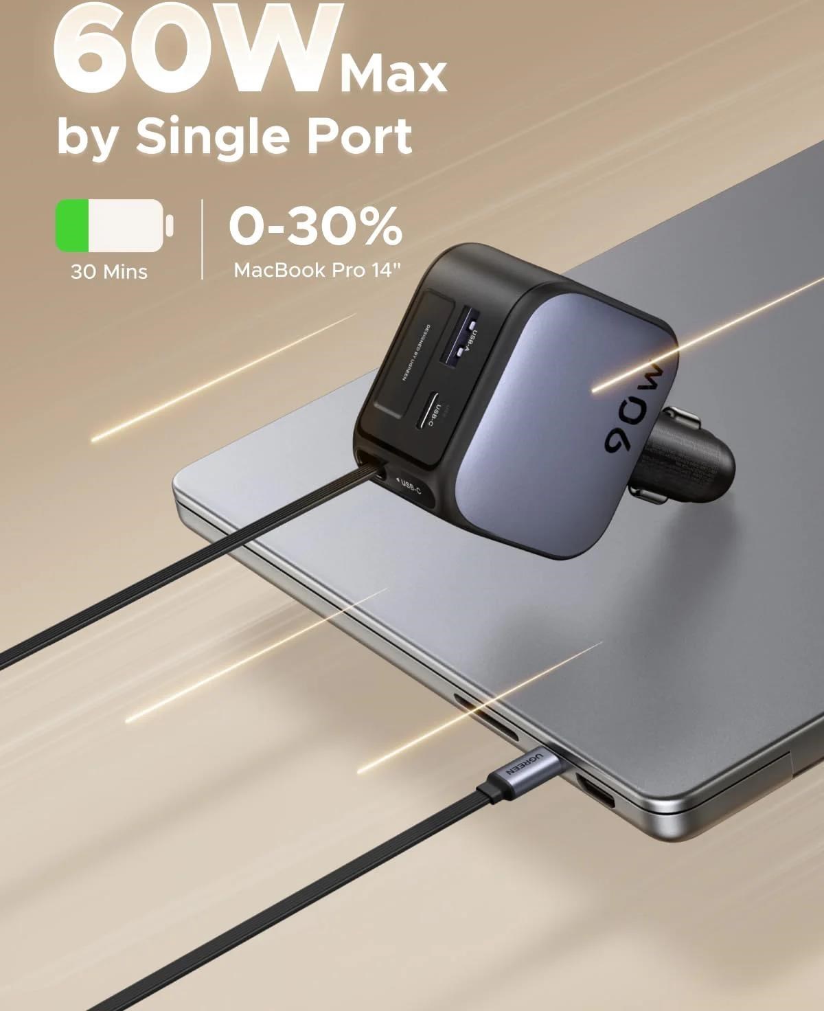 UGREEN rychlonabíječka do auta se zatahovacím kabelem 90W 3-Port, 2x USB-C,1x USB-A, GaN, stříbrná