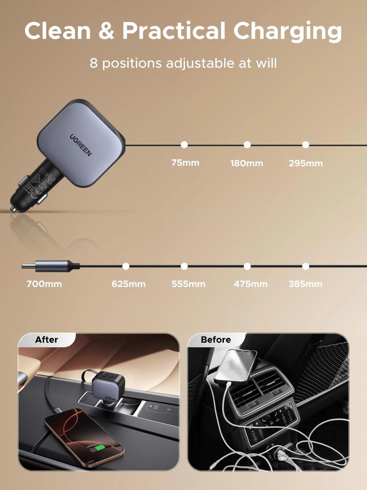 UGREEN rychlonabíječka do auta se zatahovacím kabelem 90W 3-Port, 2x USB-C,1x USB-A, GaN, stříbrná