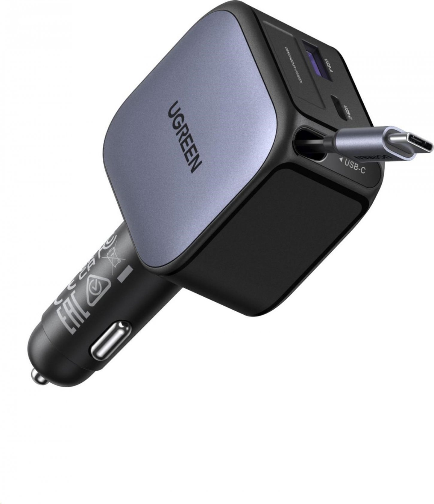 UGREEN rychlonabíječka do auta se zatahovacím kabelem 90W 3-Port, 2x USB-C,1x USB-A, GaN, stříbrná