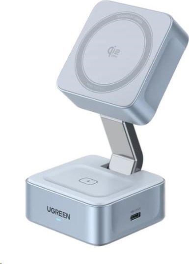 UGREEN magnetická bezdrátová nabíječka 2v1 MagFlow Qi2.2, 25W, MagSafe, stříbrná