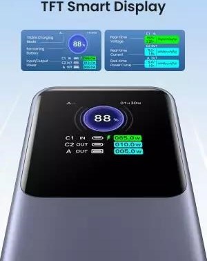 UGREEN powerbanka s rychlým nabíjením 20000mAh 3-port s displejem, Li-ion, 130W, 2x USB-C, 1x USB-A, stříbrná