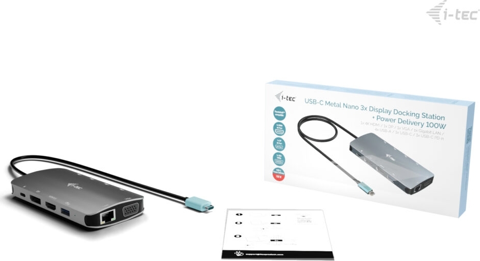 i-tec USB-C Metal Nano 3x Display (DP, HDMI and VGA) Docking Station, PD 100 W