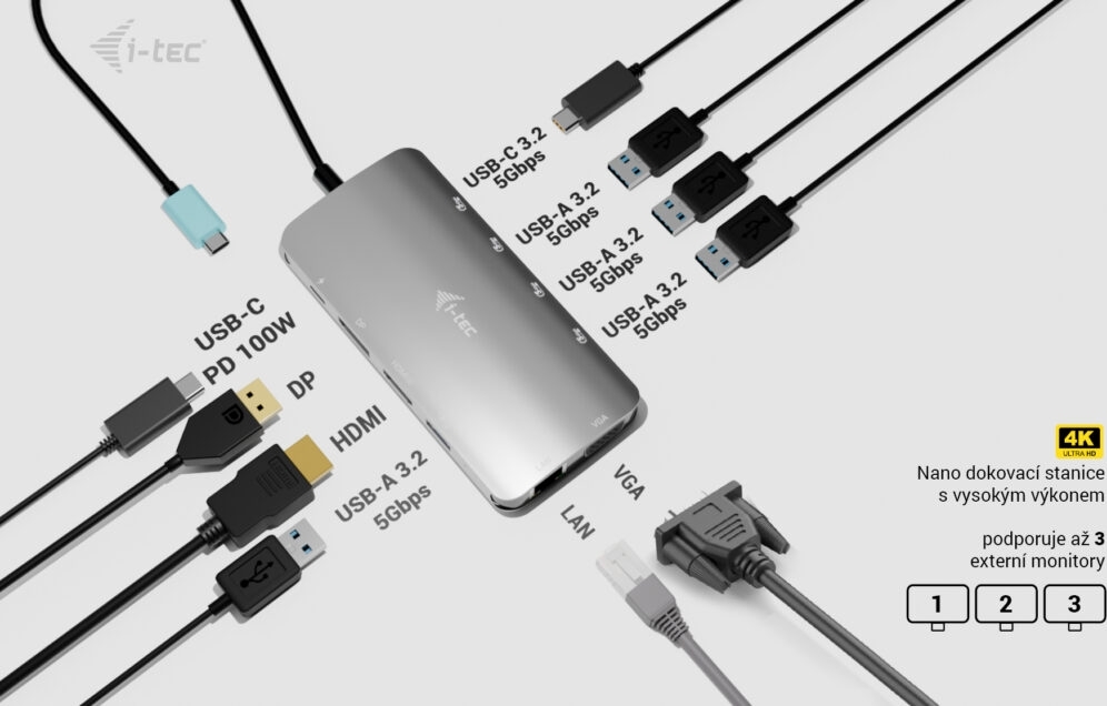 i-tec USB-C Metal Nano 3x Display (DP, HDMI and VGA) Docking Station, PD 100 W