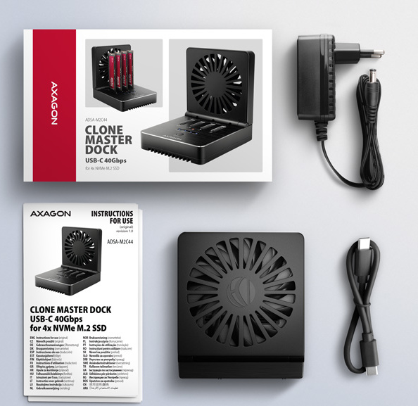 AXAGON ADSA-M2C44, USB4 dokovacia stanica pre 4× M.2 NVMe SSD s funkciou klonovania