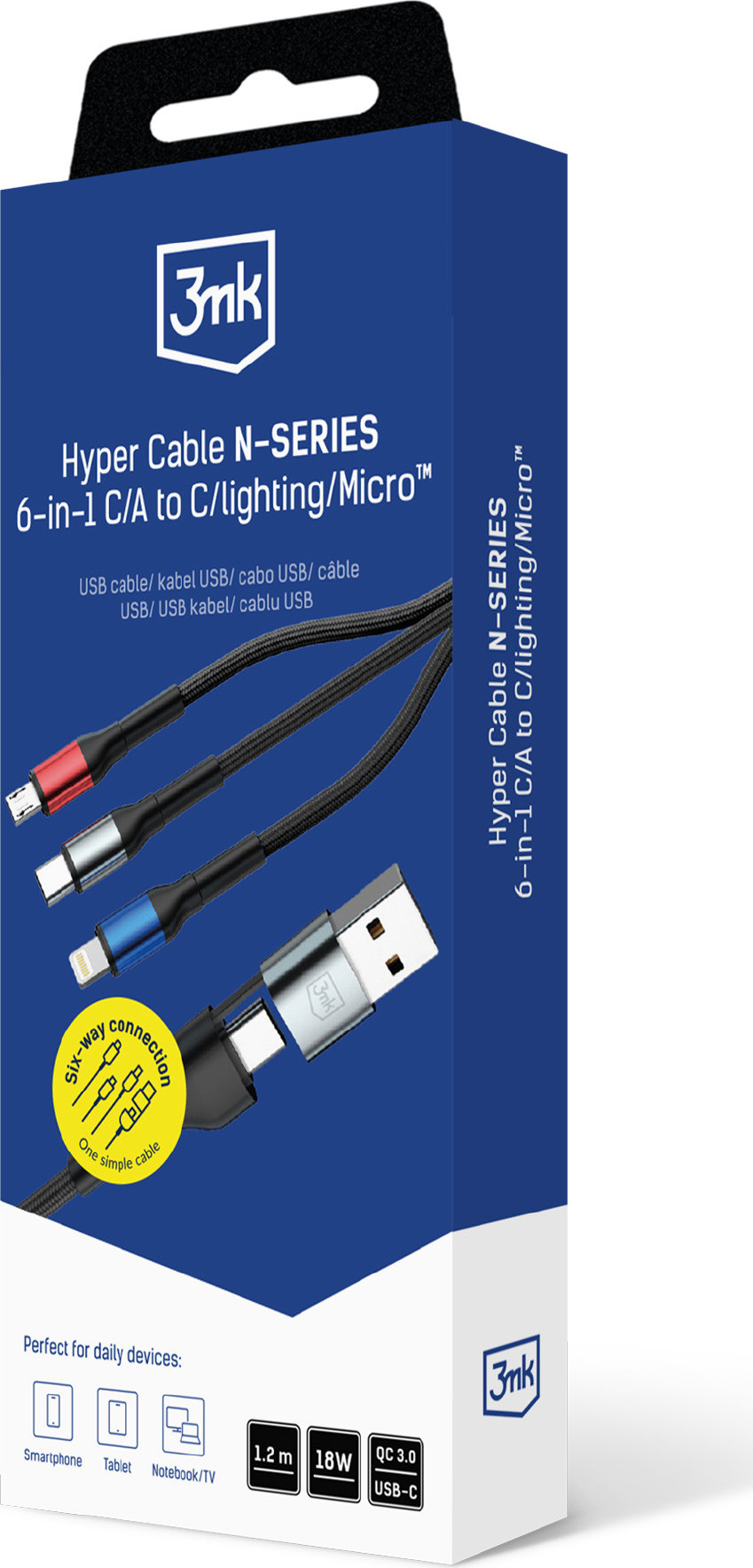 3mk kabel Hyper Cable N-SERIES 6 in 1 C/A to C/Lightning/Micro 1.2m QC 3.0 9V/2A 18W Black