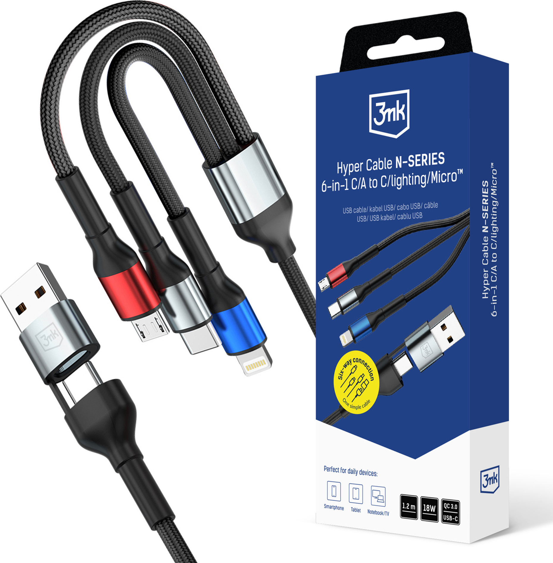 3mk kabel Hyper Cable N-SERIES 6 in 1 C/A to C/Lightning/Micro 1.2m QC 3.0 9V/2A 18W Black