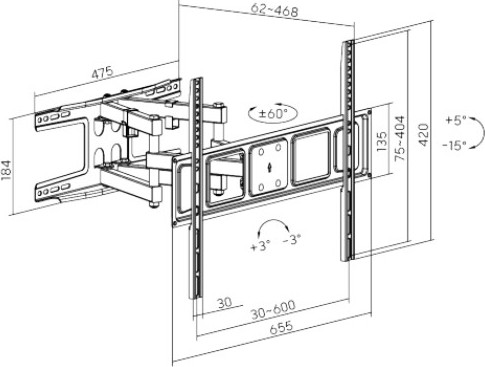Výsuvný držák Brateck LPA63-466 pro TV 37"-80" 40kg polohovatelný nástěnný