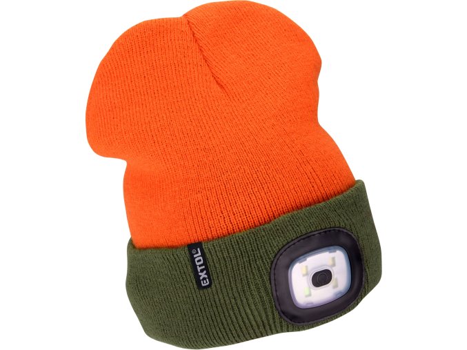 čepice s čelovkou 4x45lm, USB nabíjení, fluorescentní oranžová/khaki zelená, oboustranná, univerzální velikost, 100% acryl