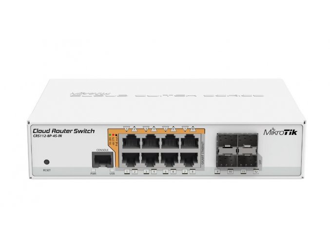 Switch Mikrotik CRS112-8P-4S-IN with QCA8511 128MB, 8xGLAN w PoE-out, 4xSFP, ROS L5, desktop case, PSU