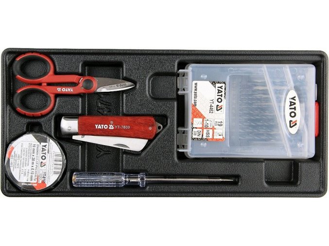 Vložka do zásuvky - izol. páska, zkoušečka, nůžky, montážní nůž, sada vrtáků 1-10mm - YT-55471