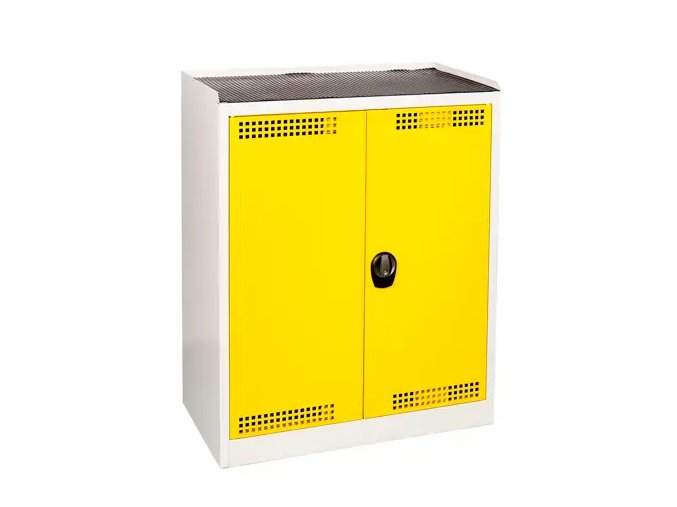 Ekonomická uzamykatelná skříň malá pro chemikálie, skříň: šedá - RAL 7035, dveře: žlutá - RAL 1023 - KOV SCH02