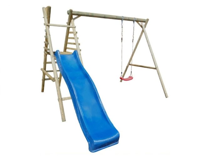 Dětská dřevěná houpačka Marimex 1 + modrá skluzavka