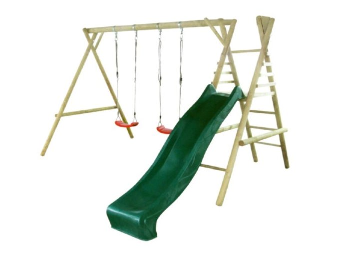 Dětská dřevěná houpačka Marimex 11 + modrá skluzavka