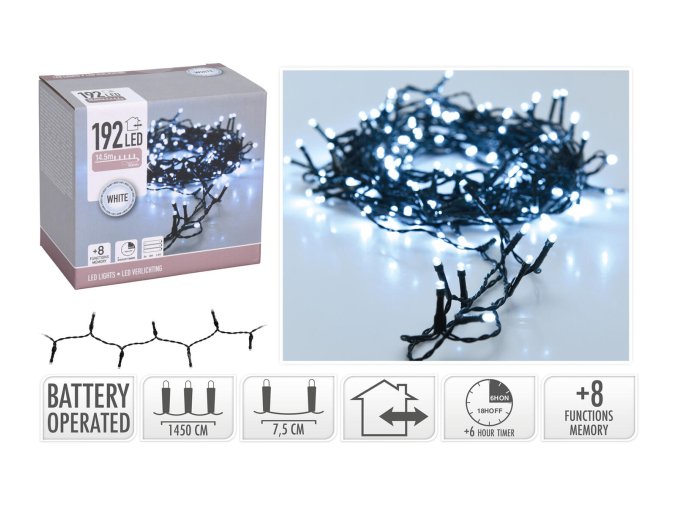 osvětlení vánoční 14,5m 192LED studená BÍ 8funkcí s časovačem