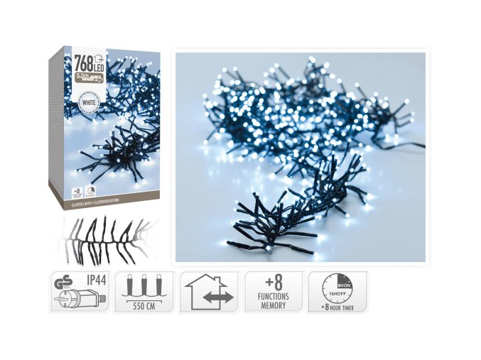 osvětlení vánoční 5,5m 768LED studená BÍ 8 funkc s časovačem