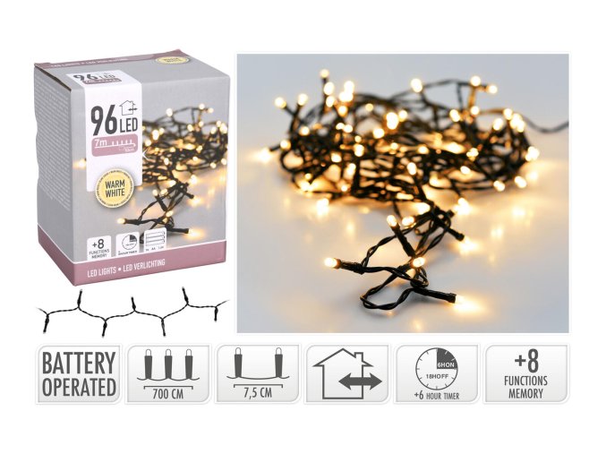 osvětlení vánoční 7m 96LED teplá BÍ, 8 funkcí, ZE IP44