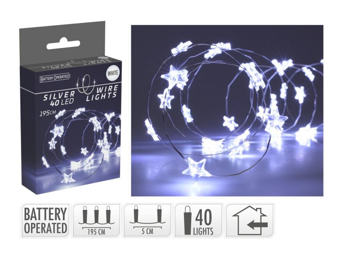 osvětlení vánoční 1,95m 40LED studená BÍ, drát, HVĚZDY