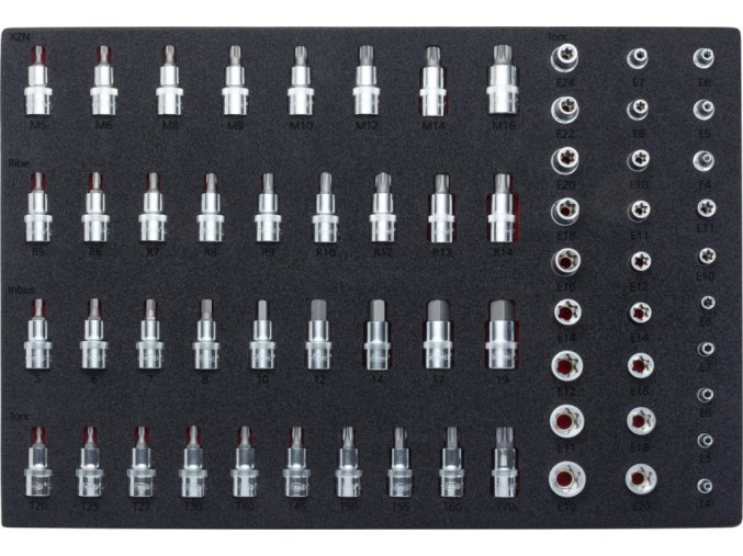 Sada nástrčných klíčů a hlavic s bity ve výplni do dílenských vozíků, 64 dílů - V2837