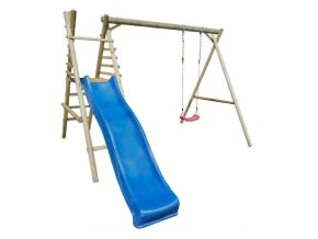 Dětská dřevěná houpačka Marimex 1 + modrá skluzavka