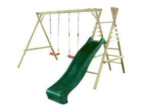 Dětská dřevěná houpačka Marimex 11 + modrá skluzavka