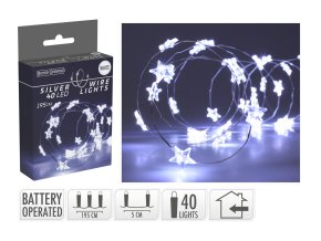 osvětlení vánoční 1,95m 40LED studená BÍ, drát, HVĚZDY