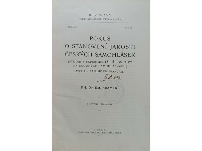 Pokus o stanovení jakosti českých samohlásek (1927)