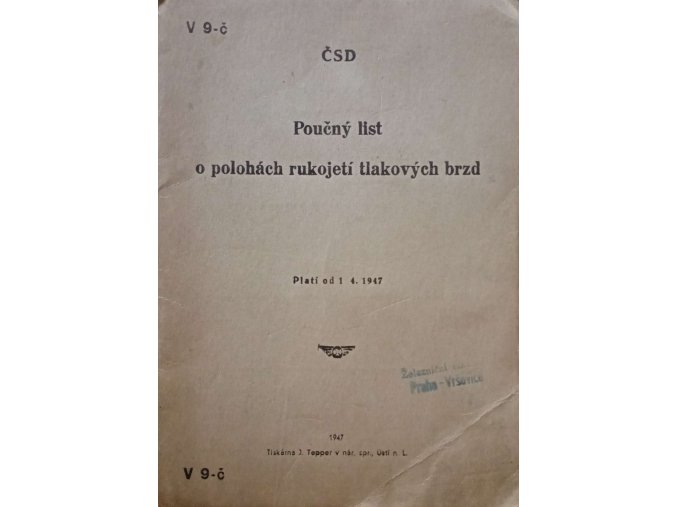 Poučný list o polohách rukojetí tlakových brzd (1947)